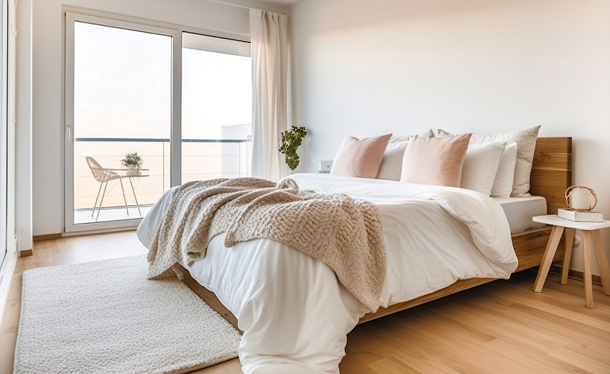 comfortable looking bed with pillows and blanket